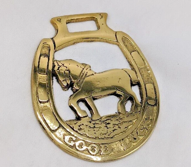 Brass Horse Medallion Vintage English Good Luck Horseshoe Heavy Work Show Parade