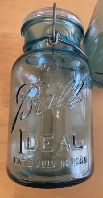 Vintage Ball Ideal Mason jar w/ Wire Bale, Blue Glass, Quart, Pat'd July 14 1908