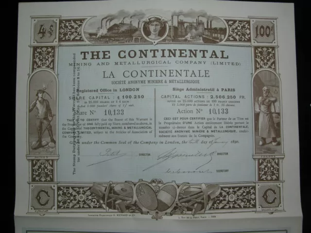 1890 CONTINENTAL MINING  METALLURGICAL company Bond Stock Share Certificate UK