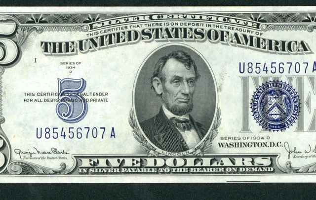 $5 1934 D ((HIGHER GRADE XF+)) Silver Certificate DAILY CURRENCY AUCTIONS