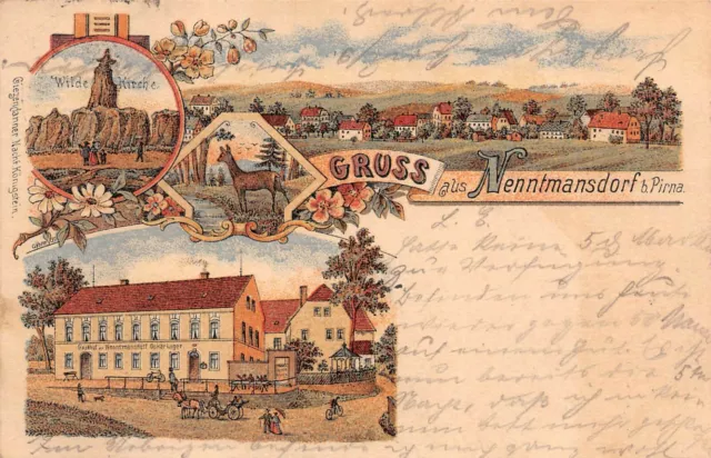 Gruss aus Nenntmansdorf mit Gasthof bei Pirna Sachsen Litho Postkarte AK 1902
