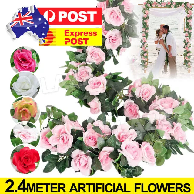 Artificial Silk Rose Flowers Fake Vine Ivy Hanging Garland Floral Wedding 2.4m