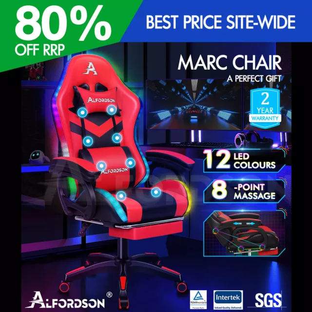 ALFORDSON Chaise Gaming Chaise de Bureau LED et Massant 8 Points Rouge et Noir
