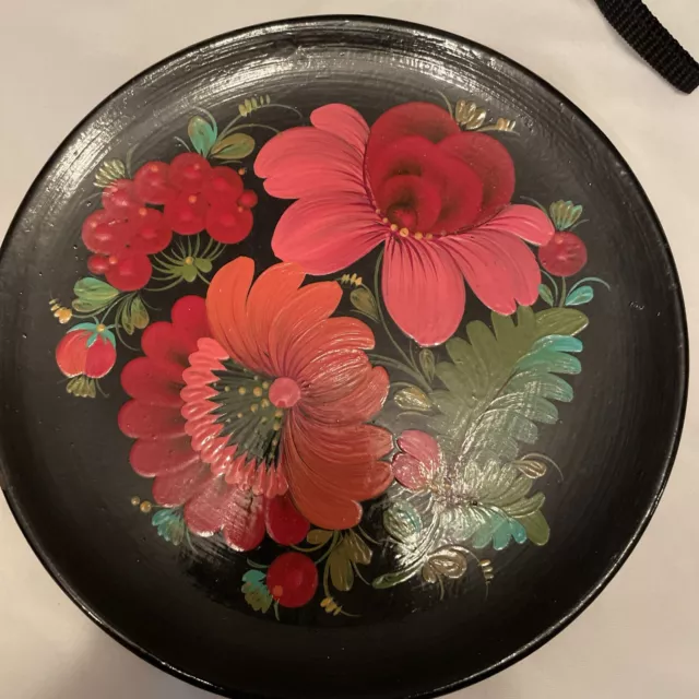 Russian Ukranian Wooden Lacquer Floral Hand Painted Plate Wall Hanging