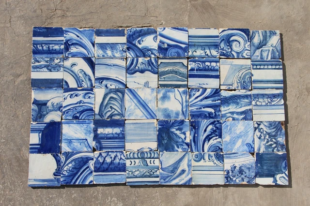 18th Century Antique Tile Mural Panel Abstract Blue & White, Portuguese