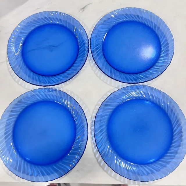 Lot Of 4 Vintage Arcoroc France Cobalt Blue Textured Line 7.5" Salad Plates