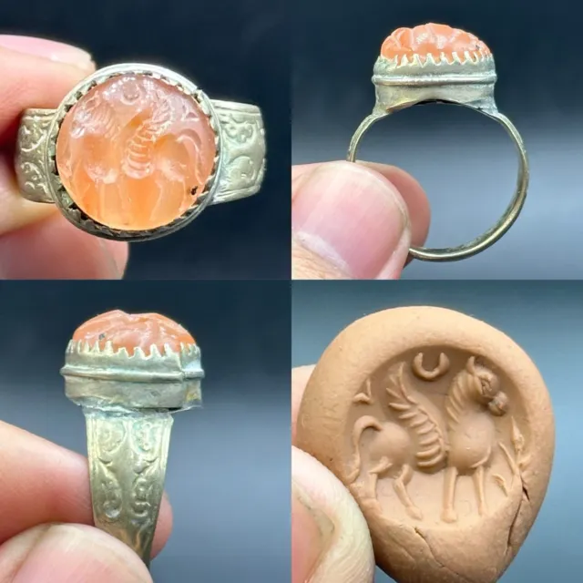 Stunning Ancient Roman Bronze Ring Agate Stone Insert With Rare Pegasus Intaglio