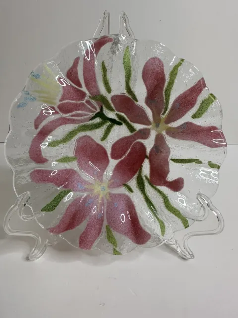 Vintage Sydenstricker Fused Art Glass Pink Lilly Floral Ruffled Edged Bowl 6.5”
