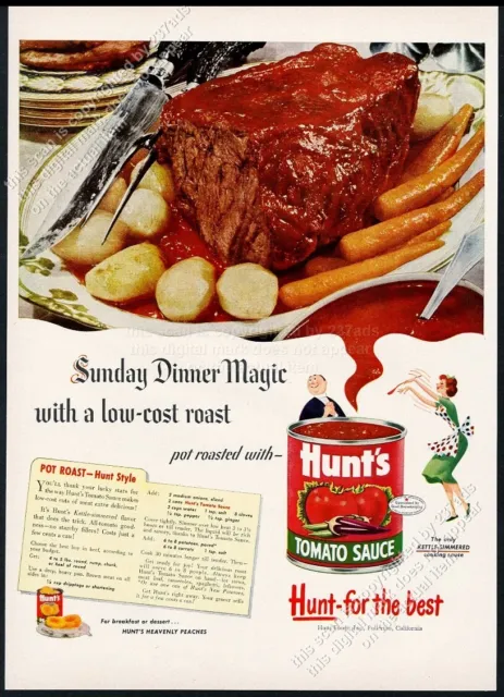 1952 Hunt's Tomato Sauce pot roast recipe happy housewife art vintage print ad