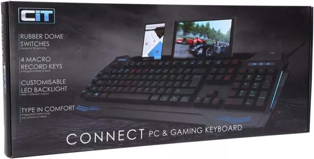 CiT Connect Wired Gaming Keyboard 7 Colour LED With Phone Holder & USB Hub UK