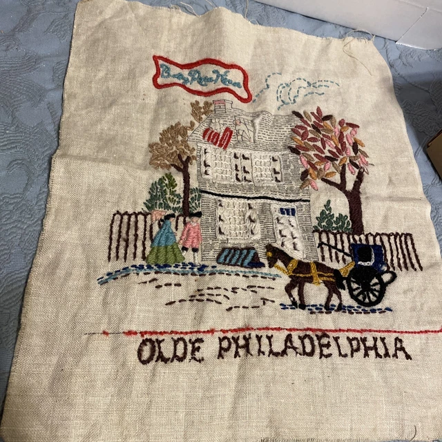 Arte de bordado vintage Betsy Ross House antiguo de Filadelfia Crewel