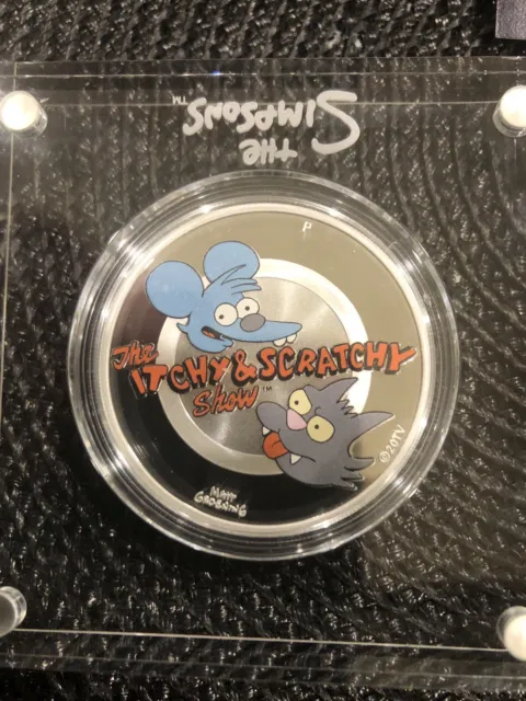 2021 $1 Tuvalu SIMPSONS ITCHY N SCRATCHY 1 Oz Silver Proof Colored Coin.