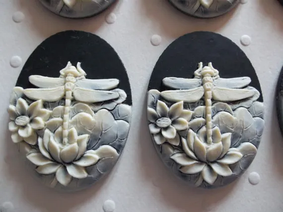 Ivory Dragonfly & Lotus Flowers on Black Cameos - 40X30mm Resin Cabochons Qty 4