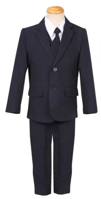 Boys Classic fit suit navy dark blue formal wedding full set long tie vest pant