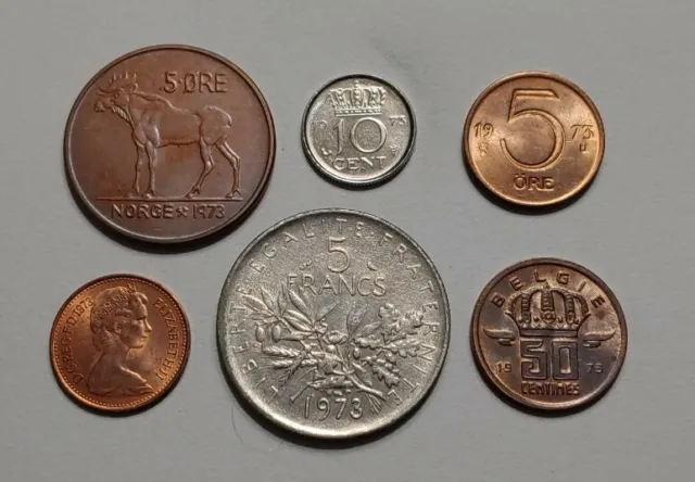 Lot of 6 1973 Europe Coins Norway Belgium France Sweden UK Netherlands