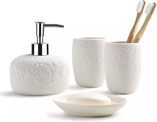 Bathroom Accessories Set with Embossed Design 4PCS, Ceramic White Bathroom Acces