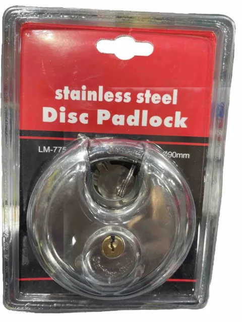 90mm Heavy Duty Security Disc Padlock Stainless Steel Body & Hard Shackle 2 Keys