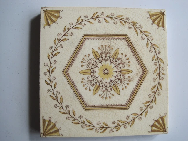 ANTIQUE VICTORIAN MINTONS BROWN & GOLD AESTHETIC DESIGN WALL TILE c1868-1900