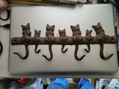 Brownish Cast Iron Cats Kittens on a Log Hook Coat Hanger Key Rack Wall Mount