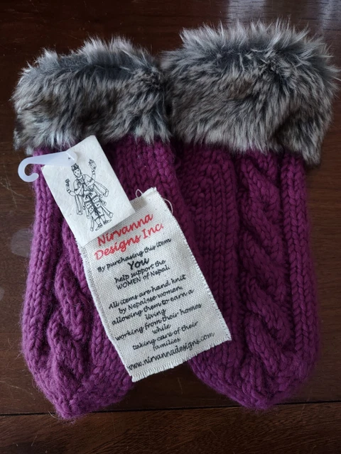 Nirvanna Designs Cable Knit Mittens Plum Wool Fleece Liner Handmade Nepal