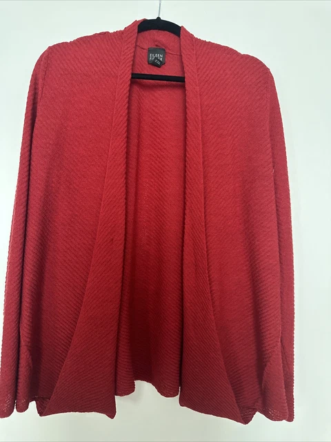 Eileen Fisher Red Merino Wool Knitted Open Front Cardigan Sweater Women’s Sz L