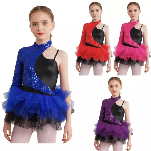 Girl Sequin Ballet Leotard Dress Lyrical Jazz Latin Modern Skating Dance Costume