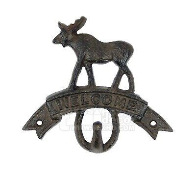 Moose Key Hook Welcome Sign Wall Coat Hanger Rustic Cast Iron Lodge Cabin Decor