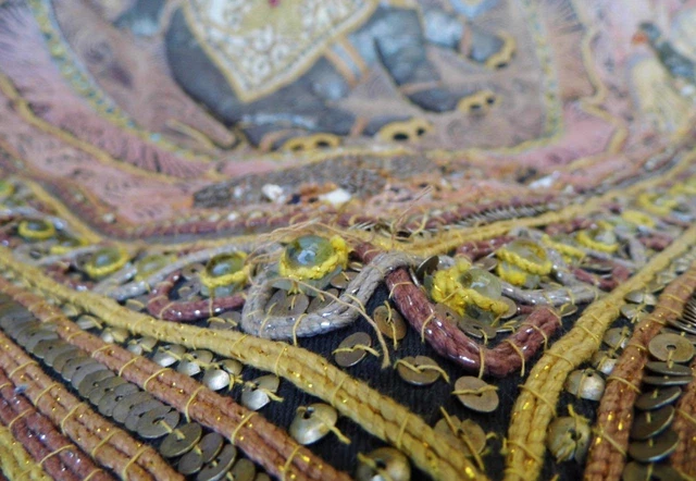Fine Antique Burmese Kalaga Wall Tapestry Bead Glass Sequins Elephant Embroidery 8