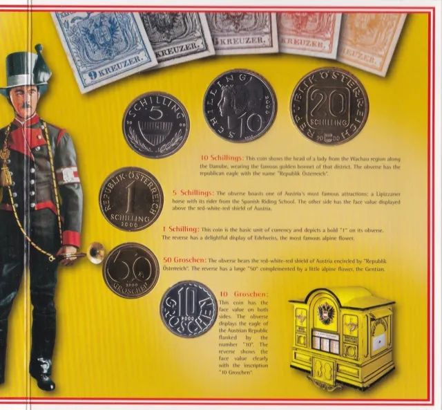 Austria - set 6 coins 10 50 Groschen 1 5 10 20 Schilling 2000 UNC in the booklet