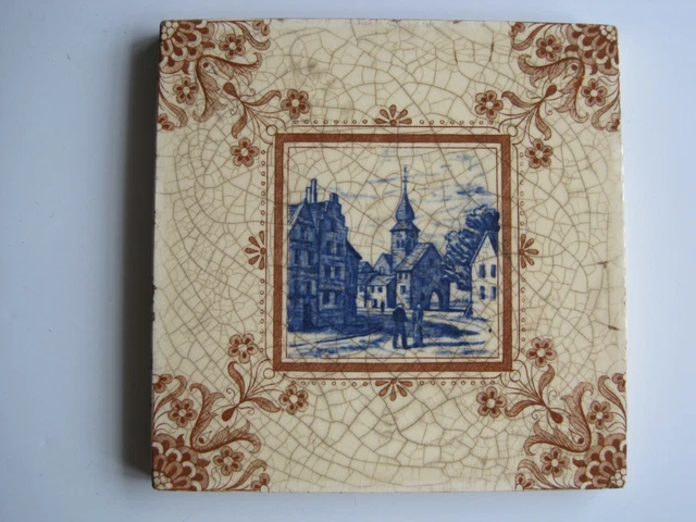 ANTIQUE 6" VICTORIAN MINTON VILLAGE SCENE WALL TILE c1868 -1900