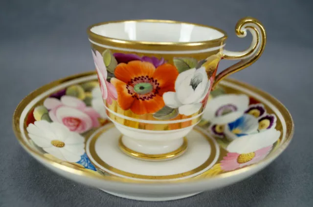 Hicks & Meigh Hand Painted Pink Rose Floral Gold Coffee Cup & Saucer C.1820-1830