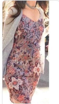 Ladies CAbi Fresco Purple Coral Print Sleeveless V Neck Shift Slip Dress Size M