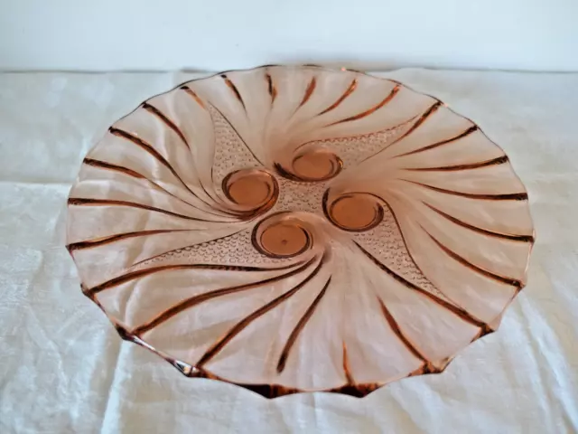 Grand plat à gâteau ART DECO en verre pressé moulé rose 33 cm