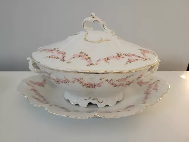 Antique Habsburg China Austrian Large Soup Tureen Platter Pink Floral