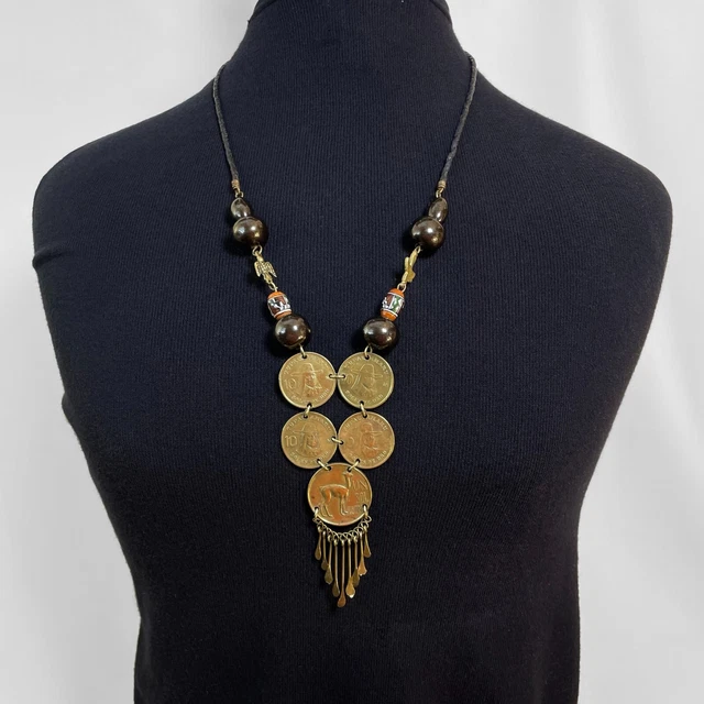 Vintage Peruvian Necklace Coin Necklace Hand Painted Beads Thunderbirds 25"