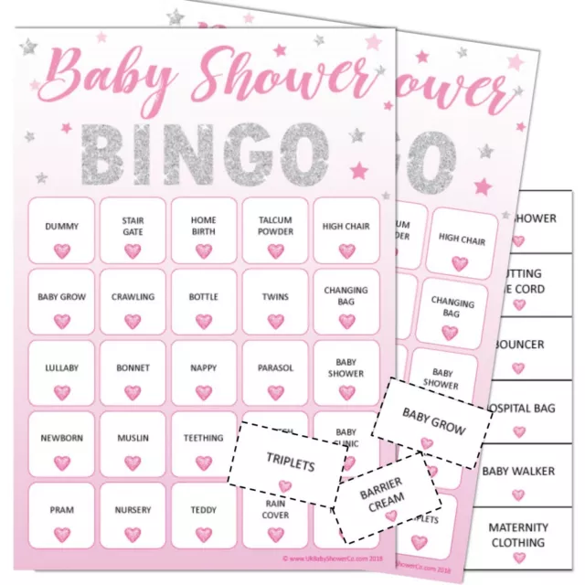 BABY SHOWER BINGO - Fun Party Game, 20 Players Boy Blue Girl Pink Unisex STARS