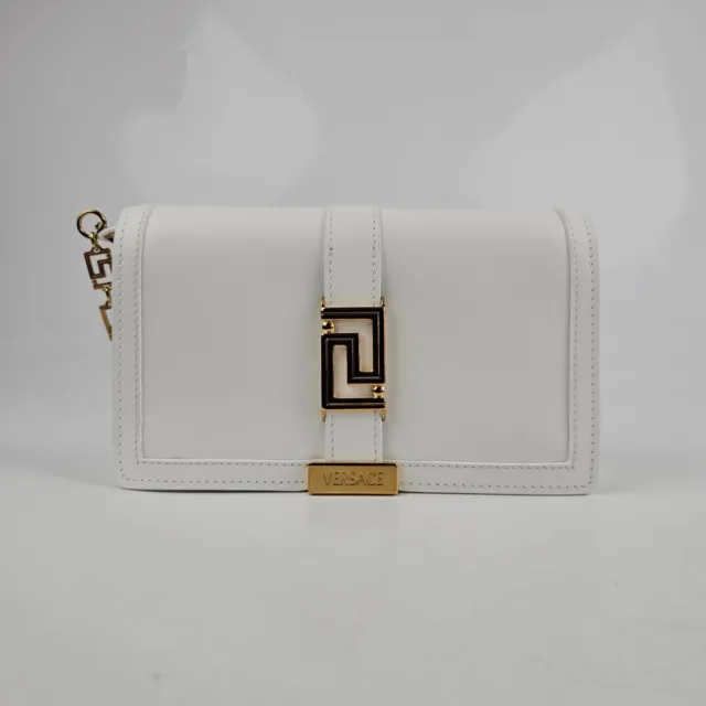 Versace Greca Goddess Optic White Leather Chain Wallet Shoulder Bag New SS24