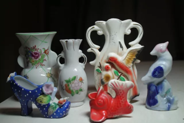 lot old collection miniature vases bird figuine  chinese fish victorian shoe