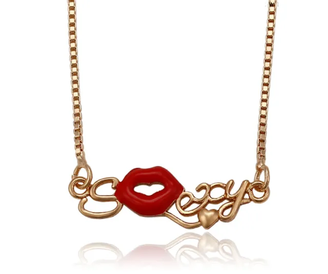 Collier Sexy Rouge Lèvres Pendentif Kuss Bouche Inox 18K or Rose Plus Neuf