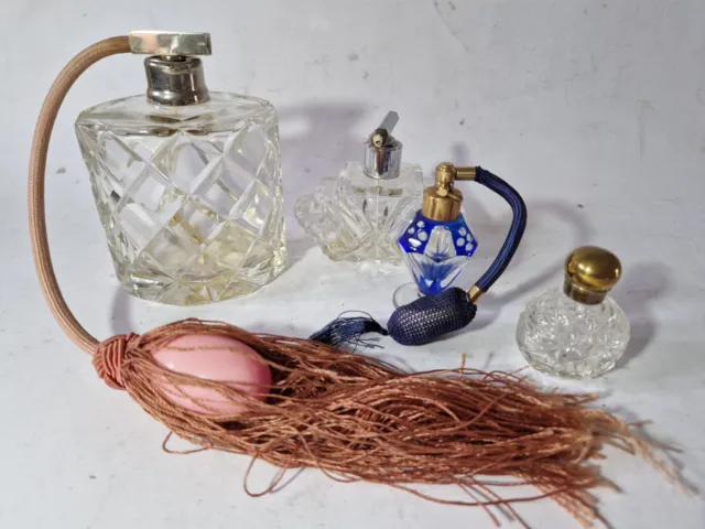 4 Vintage Art Deco Blue Flash Etc Cut Glass Perfume Scent Bottles Atomisers A/F