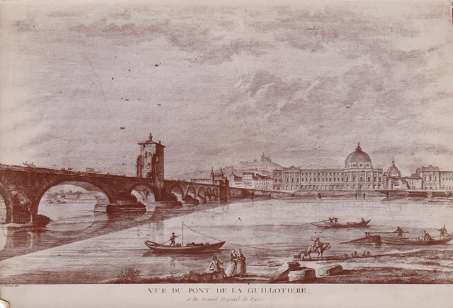 LYON VIEW FROM GUILLOTIER BRIDGE NEW HOSPITAL PHOTO d after ENGRAVING 17 X 12