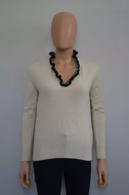 NWT Alexander McQueen Ivory/Black Cashmere Ruffle V-Neck Sweater Size XS $925