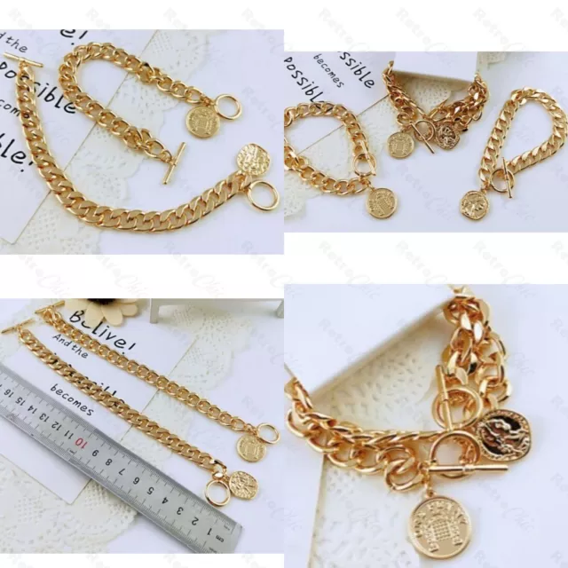 GOLD PLATED toggle BRACELET coin charm CHUNKY 10mm CURB roman coins BLING heavy 3