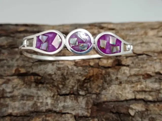 Abalone shell inlaid in enamel effect bougainvillea resin mexican bracelet, Silv