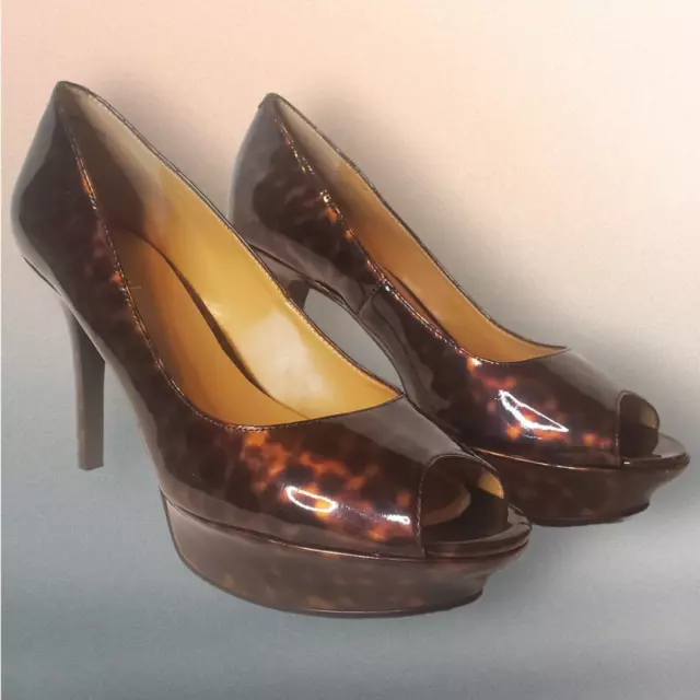 Nine West "Judy" Platform Heels Peek a Toe Animal Print Faux Patent Leather 9M