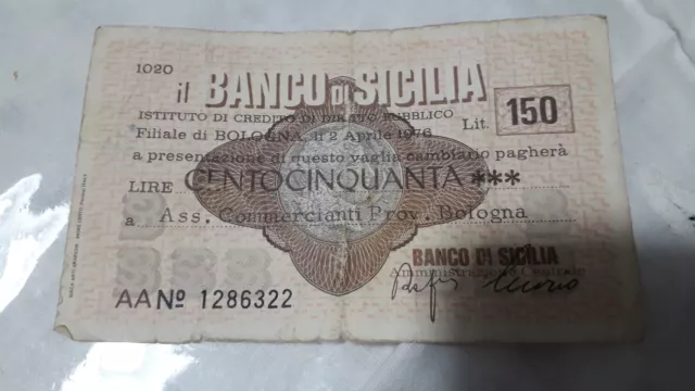 miniassegni  1976 BANCO di  SICILIA  150 LIRE