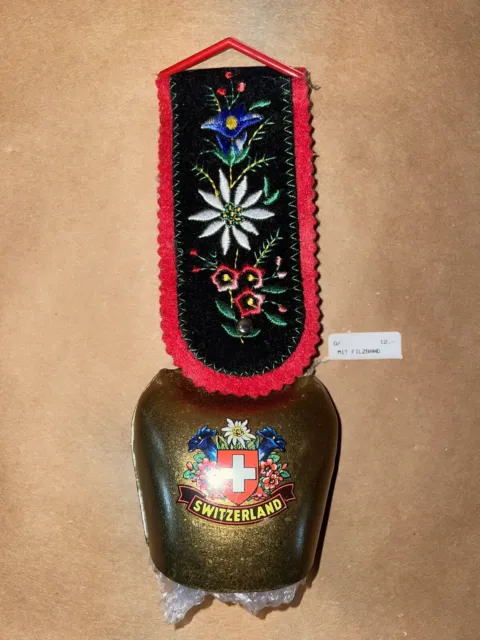 RARE-Vintage Brass Switzerland Cow Bell With Flower Ribbon, Luzern Souvenir Bell