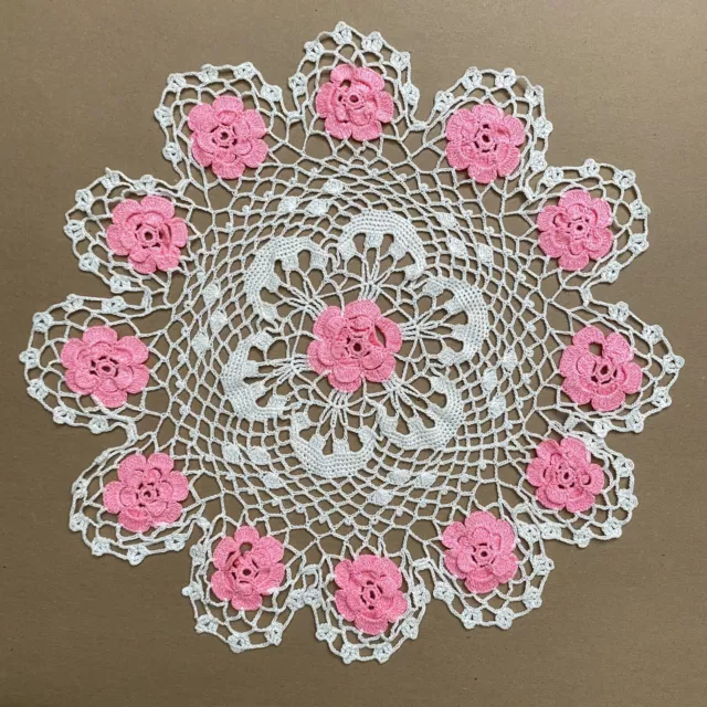 Hand Crochet Floral Doily Pink Flowers White Sparkle 20" Table Topper