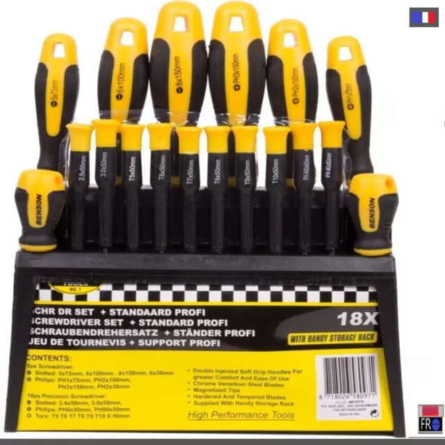 Kit de 18 Tournevis Benson avec Support Porte Outils et Accroche mural