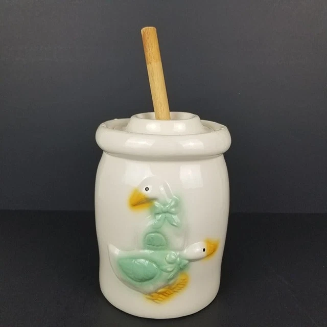 Vintage Farmhouse Geese/Ducks Ceramic Butter Churn w/Lid and Wood Dasher